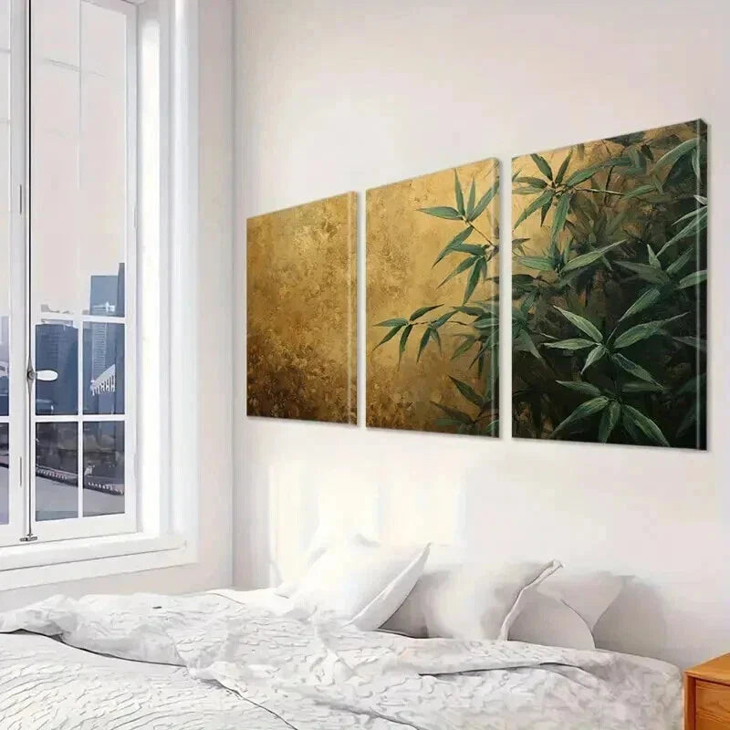 3pcs Green Leaves on Golden Background Wall Art Set Canvas Framed 40x60cm - High Quality Print 100% Australian Made Wall Canvas Ready to Hang