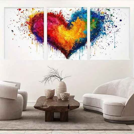 3pcs Modern Vibrant Abstract Colorful Heart Wall Art Set Canvas Framed 40x60cm - High Quality Print 100% Australian Made Wall Canvas Ready to Hang