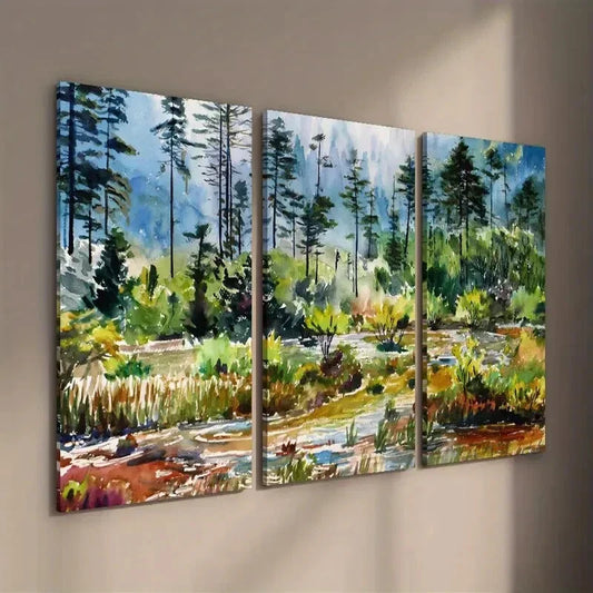 3pcs Pine Trees & Stream Illustration Landscape Wall Art Set Canvas Framed 40x60cm - High Quality Print 100% Australian Made Wall Canvas Ready to Hang