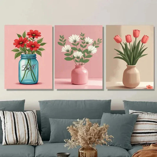 3pcs Realistic Flower Vase Blue, Pink, And Beige Wall Art Set Canvas Framed 40x60cm - High Quality Print 100% Australian Made Wall Canvas Ready to Hang