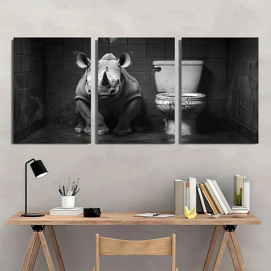 3pcs Humorous Rhino Black And White Metal Print Ready to Hang Art
