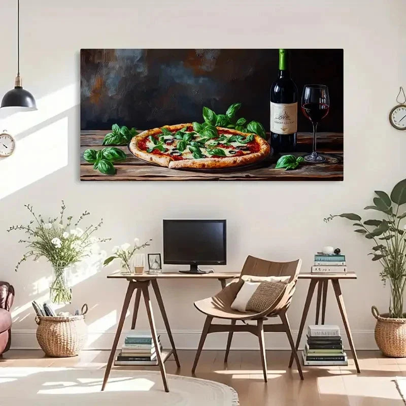 Pizza Wine Garlic Olives Décor Wall Art Canvas Office Home Room Framed 120x60cm