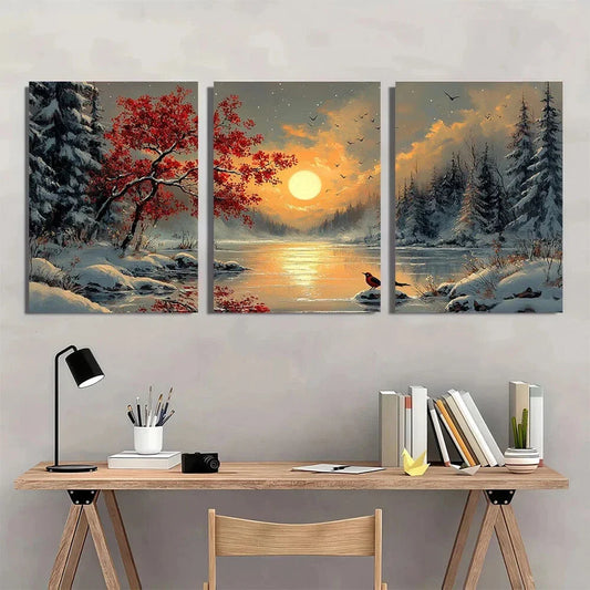 3pcs Winter Wonderland Snowy Tree Birds and Sunset Metal Print Ready to Hang Art