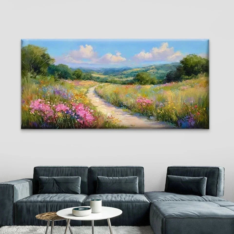 Floral Fields & Rolling Hills Wall Art Canvas Office Home Room Framed 80x45cm