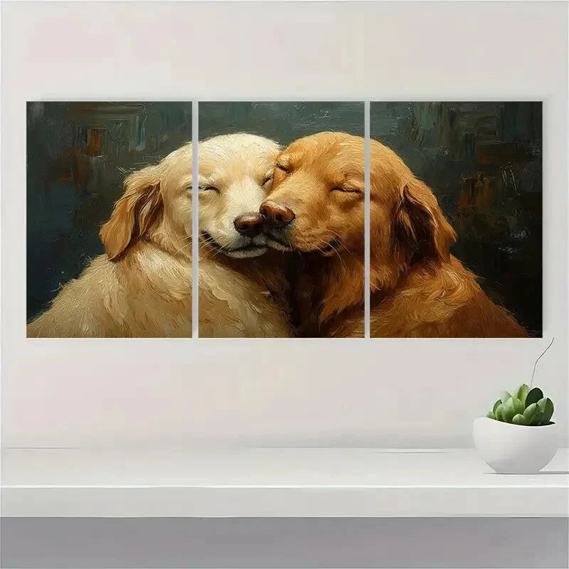 3pcs Two Happy Golden Retrievers Hugging Metal Print Ready to Hang Art