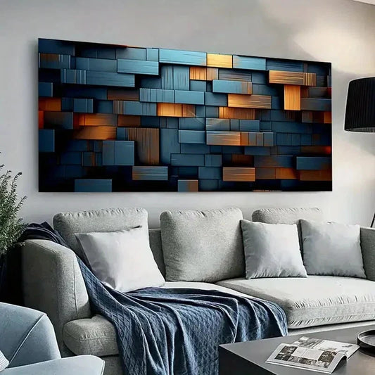 Blue & Golden Textured Patterns Wall Art Canvas Office Home Room Framed 120x60cm
