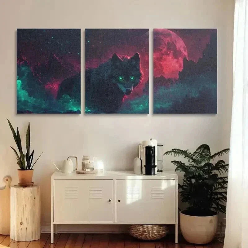 3pcs Majestic Wolf with Glowing Green Eyes Wall Art Set Canvas Framed 40x60cm - High Quality Print 100% Australian Made Wall Canvas Ready to Hang