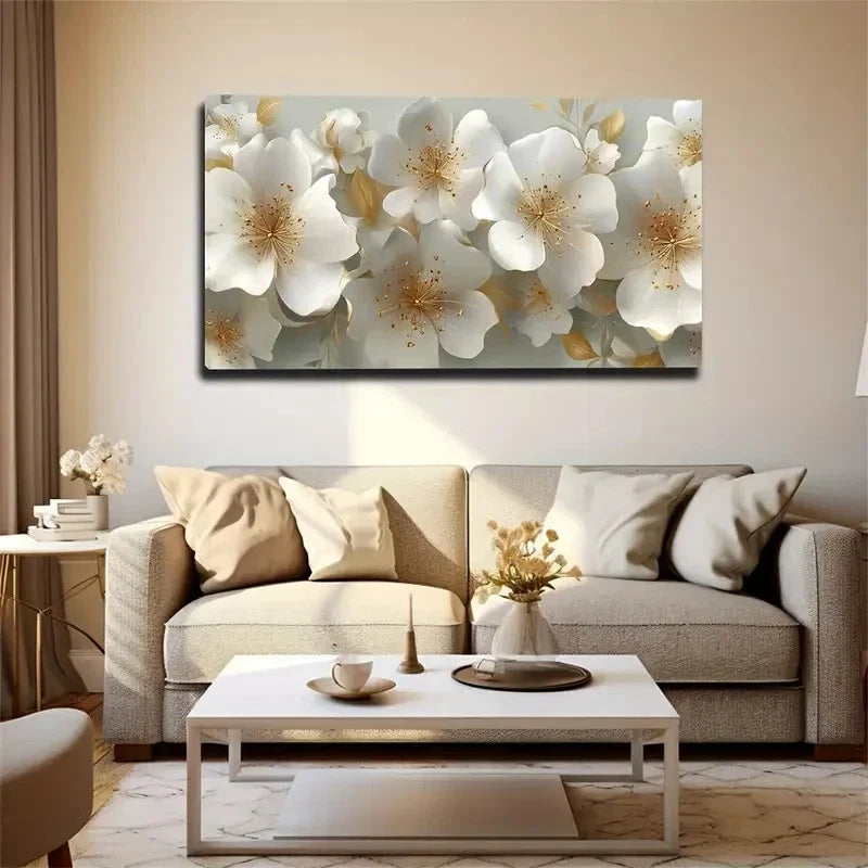 Beige & Golden Flower Painting Wall Art Canvas Office Home Room Framed 80x45cm