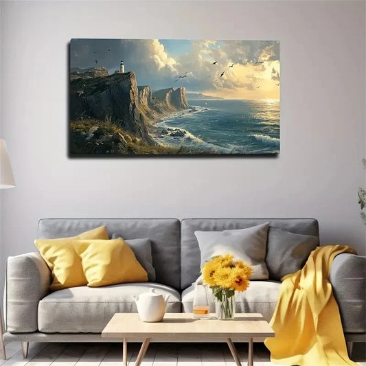 Lighthouse On The Cliff Wall Art Canvas Office Home Room Framed 120x60cm