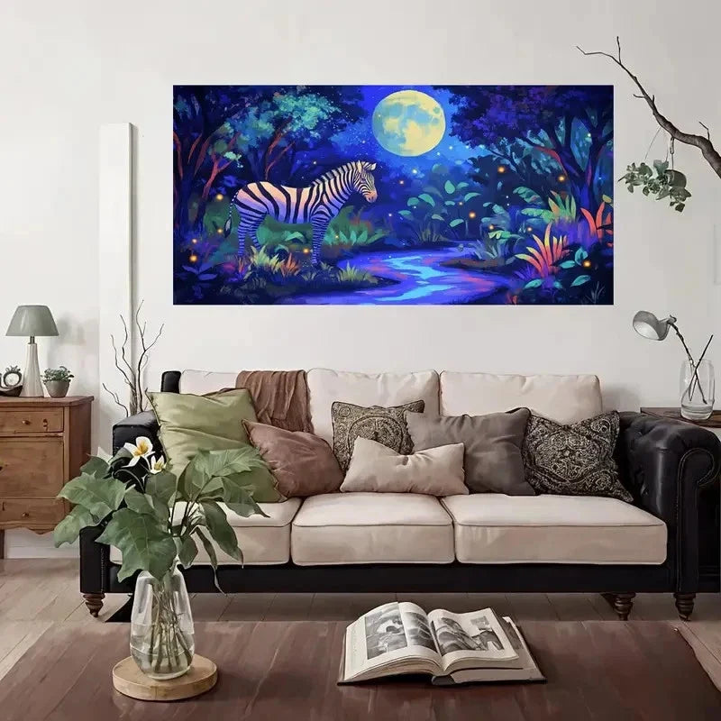 Moonlit Zebra Night Wall Art Canvas Office Home Room Framed 80x45cm