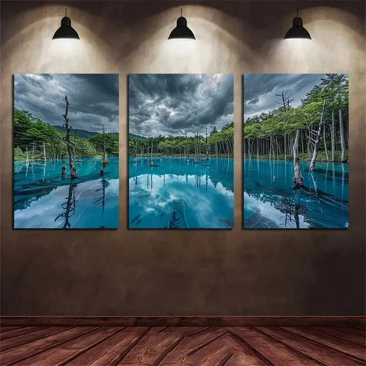 3pcs Blue Pond Northern Forest Metal Print Ready to Hang Art