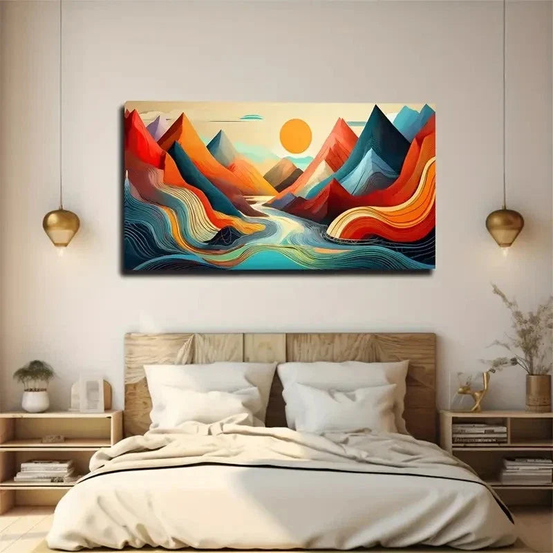 Vibrant Abstract Mountain Wall Art Canvas Office Home Room Framed 80x45cm