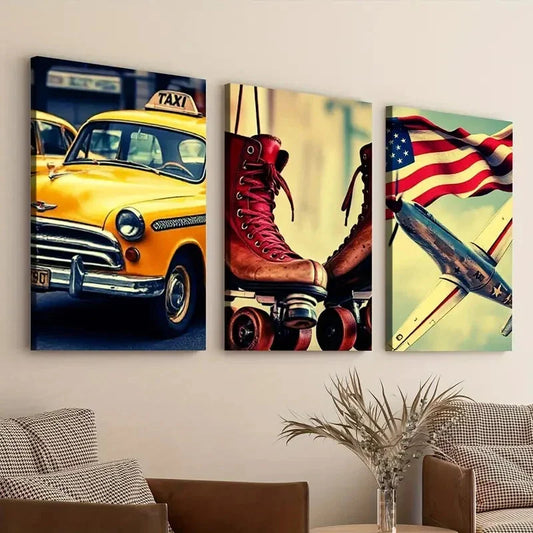 3pcs Retro American Classic Modern Style Car Wall Art Set Canvas Framed 40x60cm - High Quality Print 100% Australian Made Wall Canvas Ready to Hang