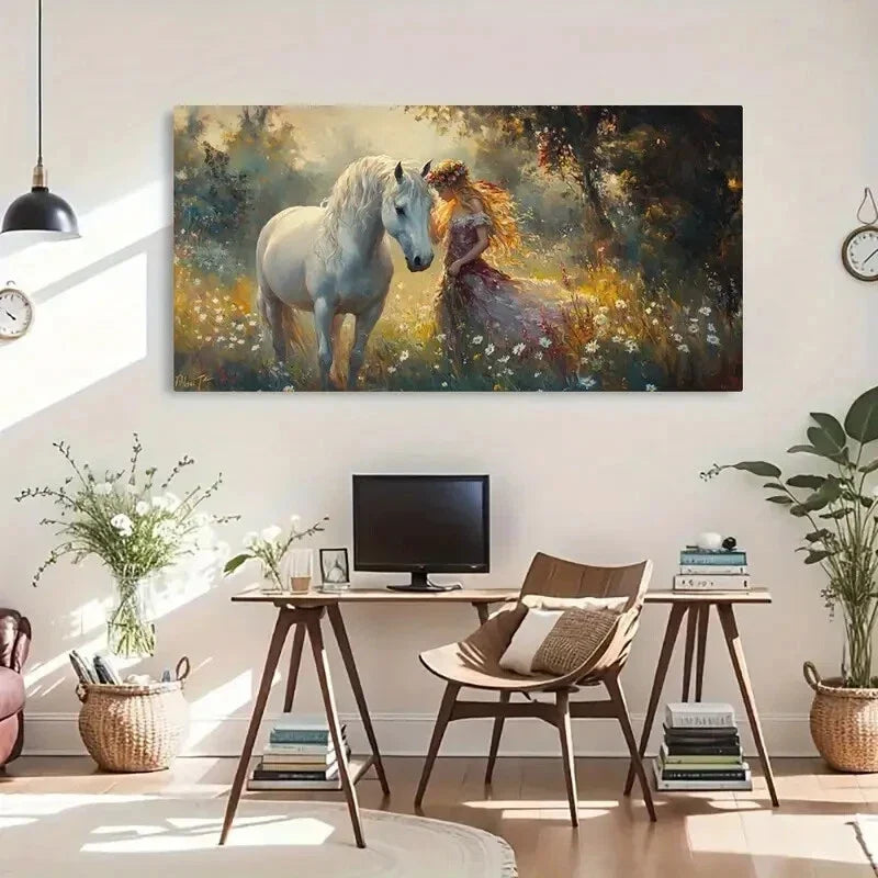 White Horse & Girl Fantasy Wall Art Canvas Office Home Room Framed 120x60cm