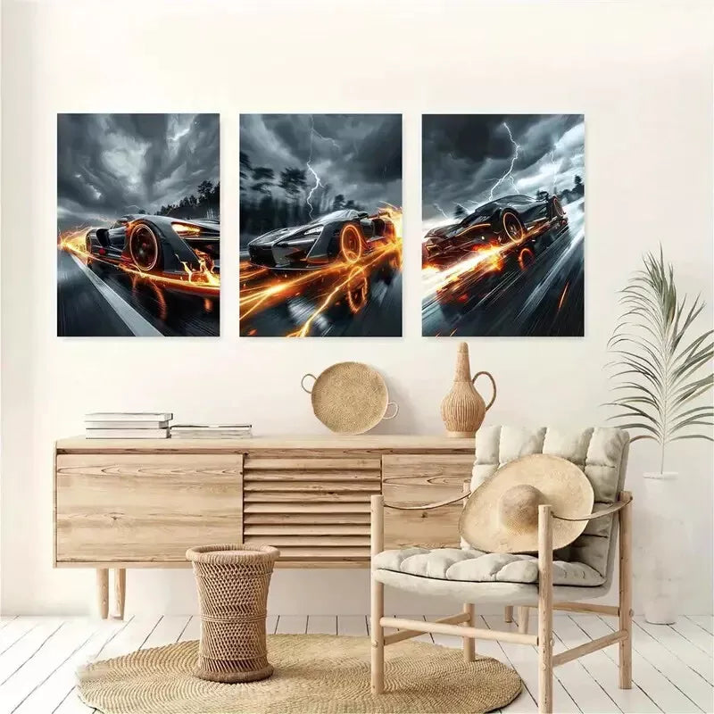 3pcs Creative Elegant Sports Car at Night Wall Art Set Canvas Framed 40x60cm - High Quality Print 100% Australian Made Wall Canvas Ready to Hang