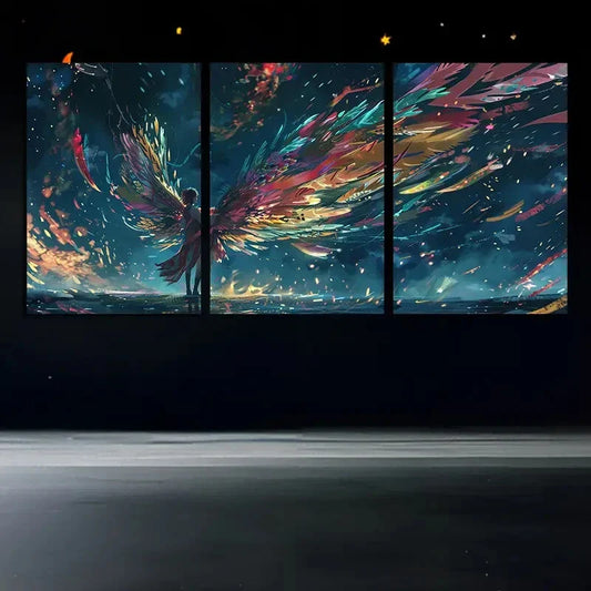3pcs Colourful Phoenix Girl Golden Blue Metal Print Ready to Hang Art