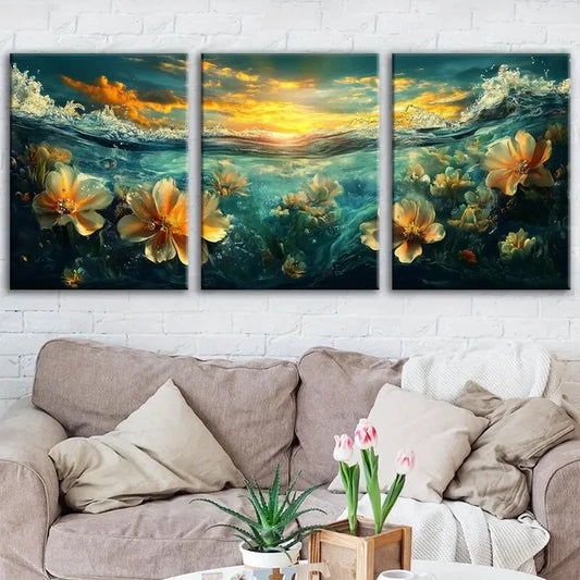 3pcs Fashion Sea Flower Art Sunset White Flowers Wall Art Set Canvas Framed 40x60cm - High Quality Print 100% Australian Made Wall Canvas Ready to Hang