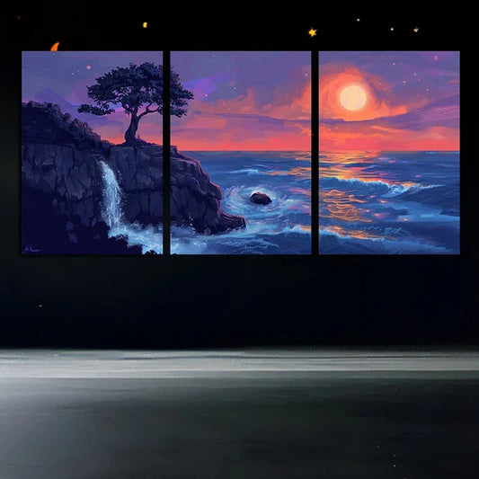 3pcs Sea Sunset Tree Waves Stones Metal Print Ready to Hang Art