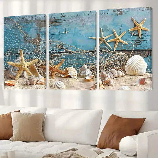 3pcs Modern Fishing Net Seashells Starfish Net Wall Art Set Canvas Framed 40x60cm - High Quality Print 100% Australian Made Wall Canvas Ready to Hang