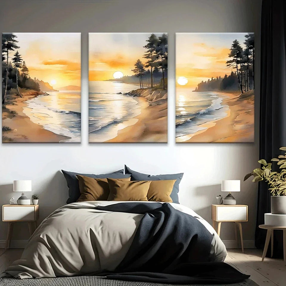 3pcs Beautiful Beach with Pine Trees on The Shore Metal Print Ready to Hang Art