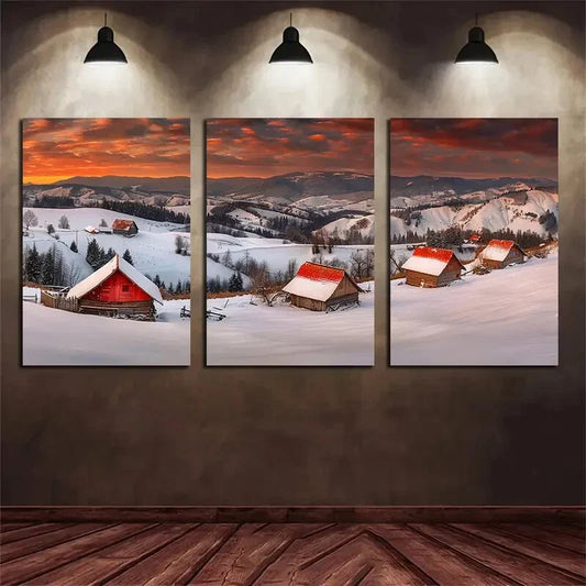 3pcs Mountain Range Red Farmhouse Metal Print Ready to Hang Art