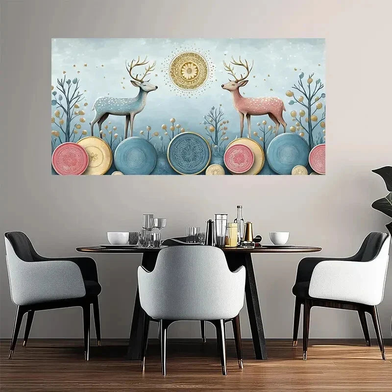 Whimsical Deer Golden Design Wall Art Canvas Office Home Room Framed 120x60cm