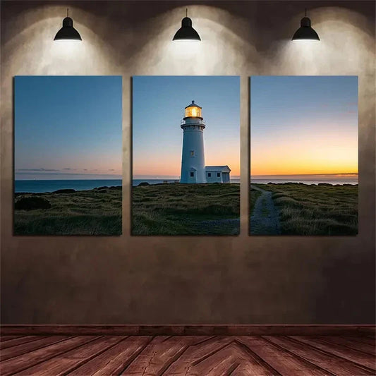3pcs Lighthouse Green Grasses Sunset Metal Print Ready to Hang Art