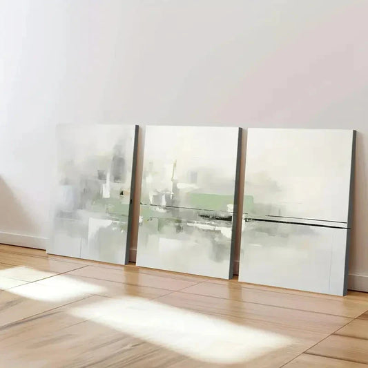 3pcs Abstract Geometric Green and Gray White Wall Art Set Canvas Framed 40x60cm - High Quality Print 100% Australian Made Wall Canvas Ready to Hang