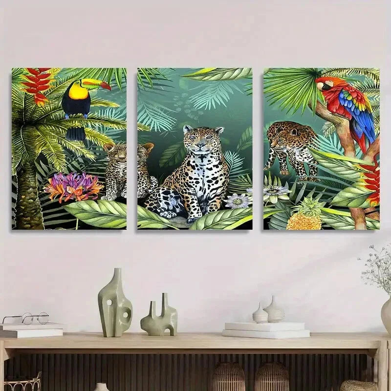3pcs Tropical Birds and Plants, Safari Themed Metal Print Ready to Hang Art