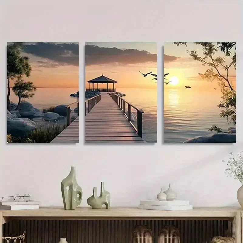 3pcs Serene Ocean View with Dock and Birds Metal Print Ready to Hang Art