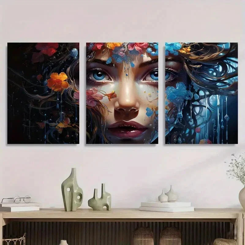 3pcs Surreal Drip Paint Flower Face Metal Print Ready to Hang Art
