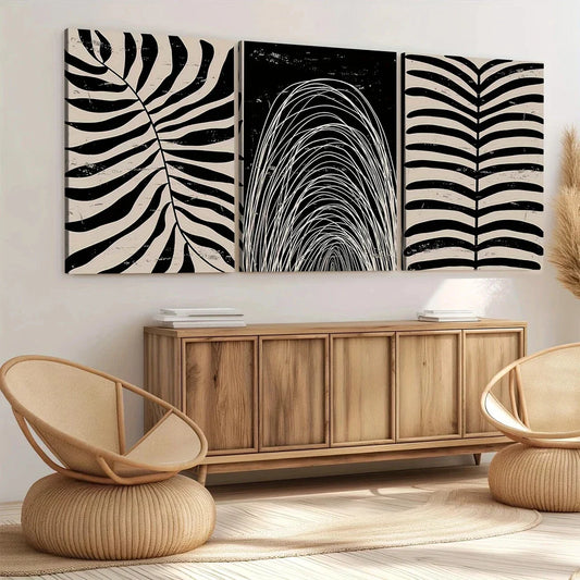 3pcs Abstract Plant Black Leaves White Bohemian Wall Art Set Canvas Framed 40x60cm - High Quality Print 100% Australian Made Wall Canvas Ready to Hang