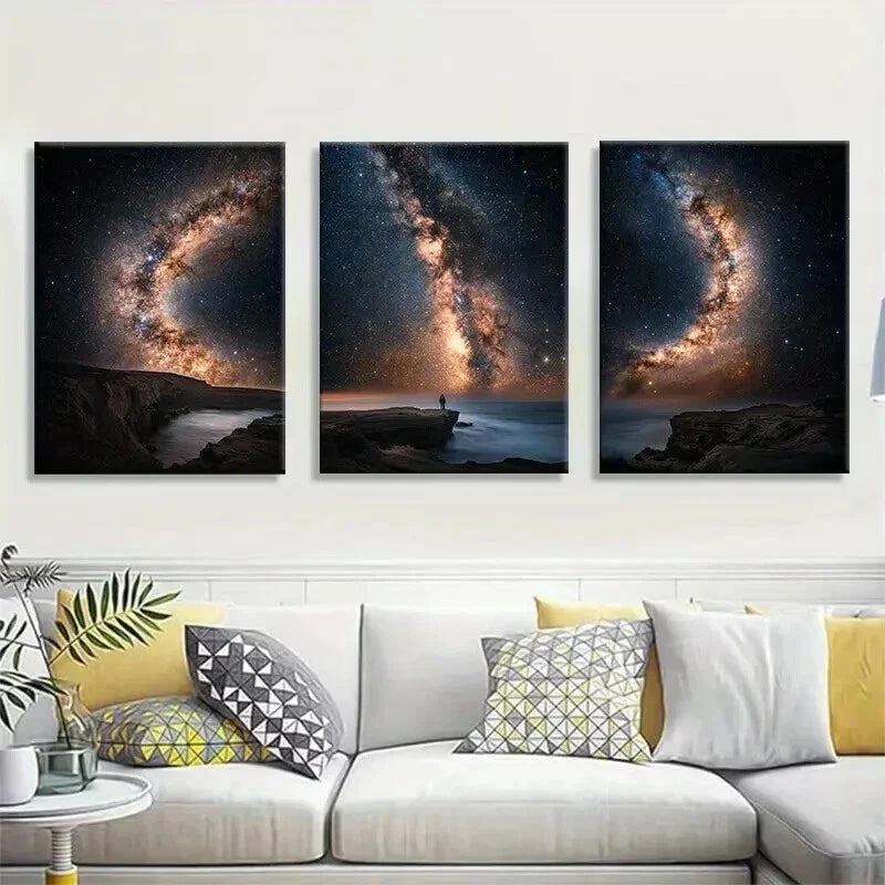 3pcs Milky Way Galaxy Over Ocean Cliff Wall Art Set Canvas Framed 40x60cm - High Quality Print 100% Australian Made Wall Canvas Ready to Hang