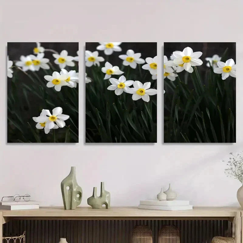3pcs Elegant White Daffodil Flowers Metal Print Ready to Hang Art