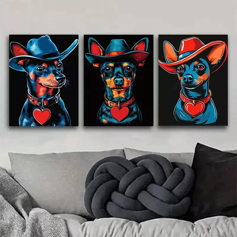 3pcs Vibrant Blue & Red Cowboy-Themed Dog Wall Art Set Canvas Framed 40x60cm - High Quality Print 100% Australian Made Wall Canvas Ready to Hang