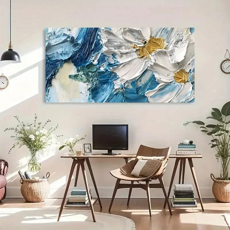 Floral Textured Brushstrokes Wall Art Canvas Office Home Room Framed 120x60cm