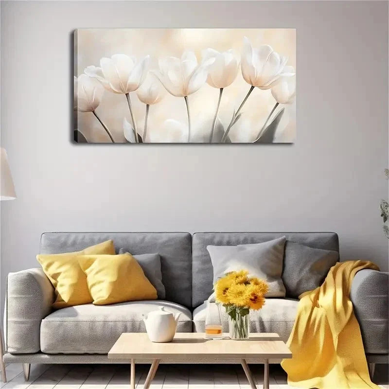 Realistic White Tulips Wall Art canvas office home room framed 120x60cm