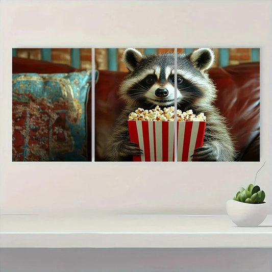 3pcs Funny Raccoon Popcorn & Movie Ticket Metal Print Ready to Hang Art