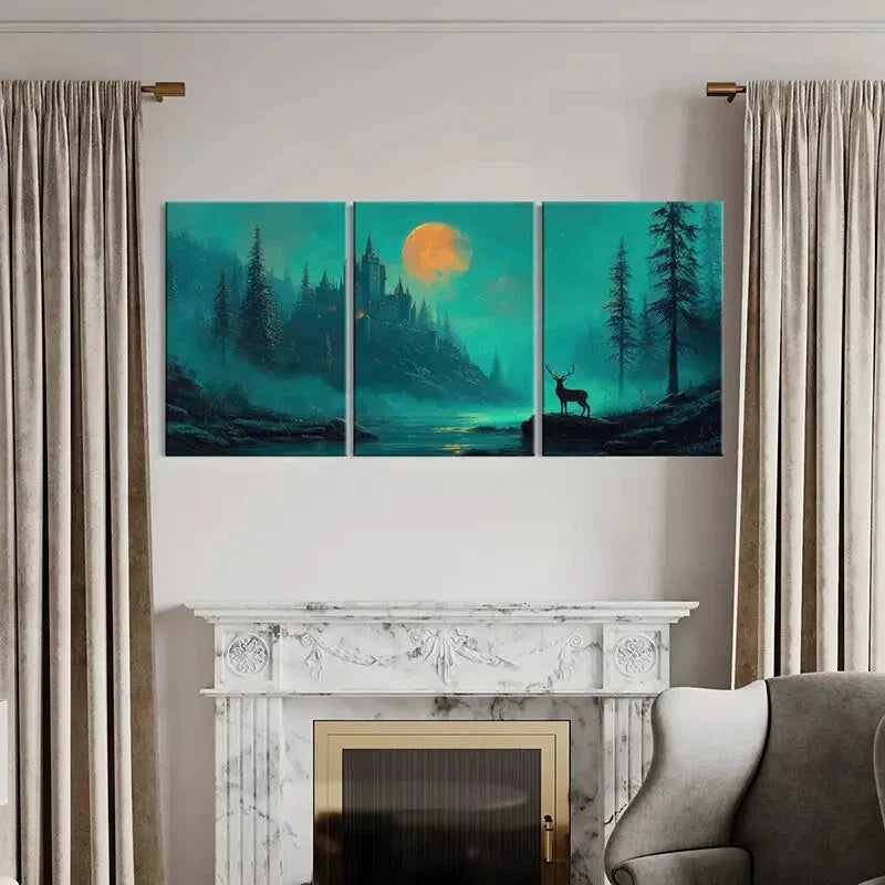 3pcs Mystical Castle Deer Silhouette Forest Metal Print Ready to Hang Art