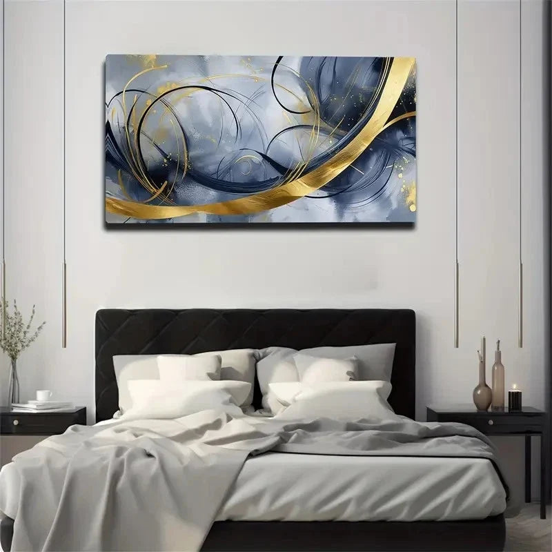 Gray And Blue With Golden Wall Art canvas office home room framed 120x60cm