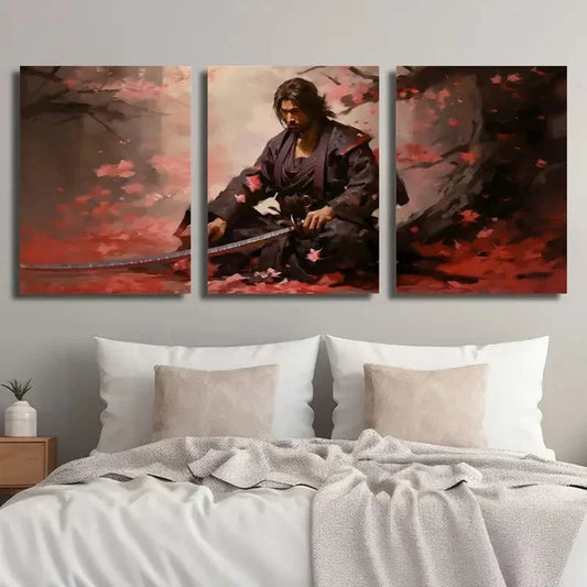 3pcs Abstract Samurai Cherry Blossom Garden Metal Print Ready to Hang Art