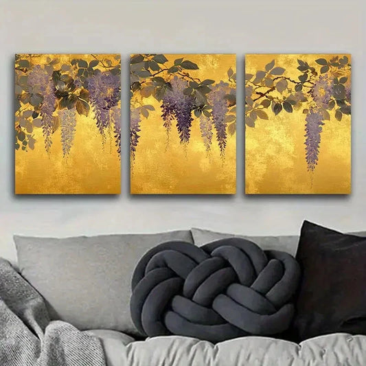 3pcs Gold foil floral wisteria Metal Print Ready to Hang Art