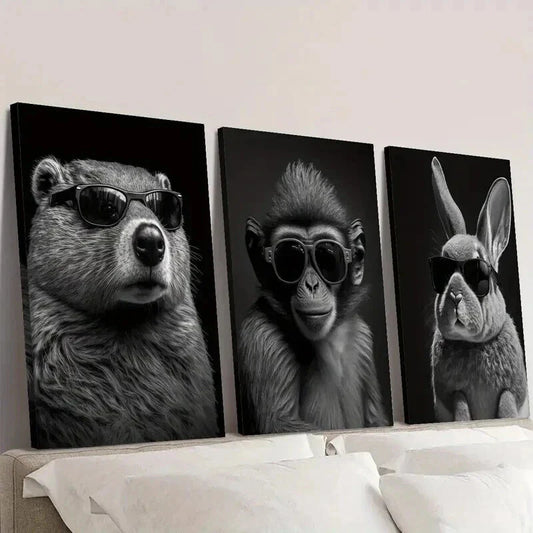 3pcs Beaver Monkey & Rabbit in Glasses Wall Art Set Canvas Framed 40x60cm - High Quality Print 100% Australian Made Wall Canvas Ready to Hang