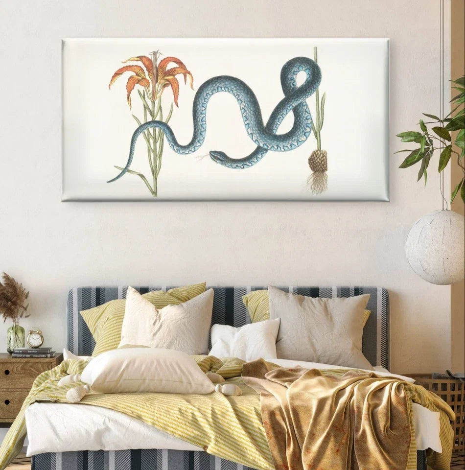 Vintage Blue Snake & Lily Botanical Wall Art Canvas Office Home Framed 120x60cm