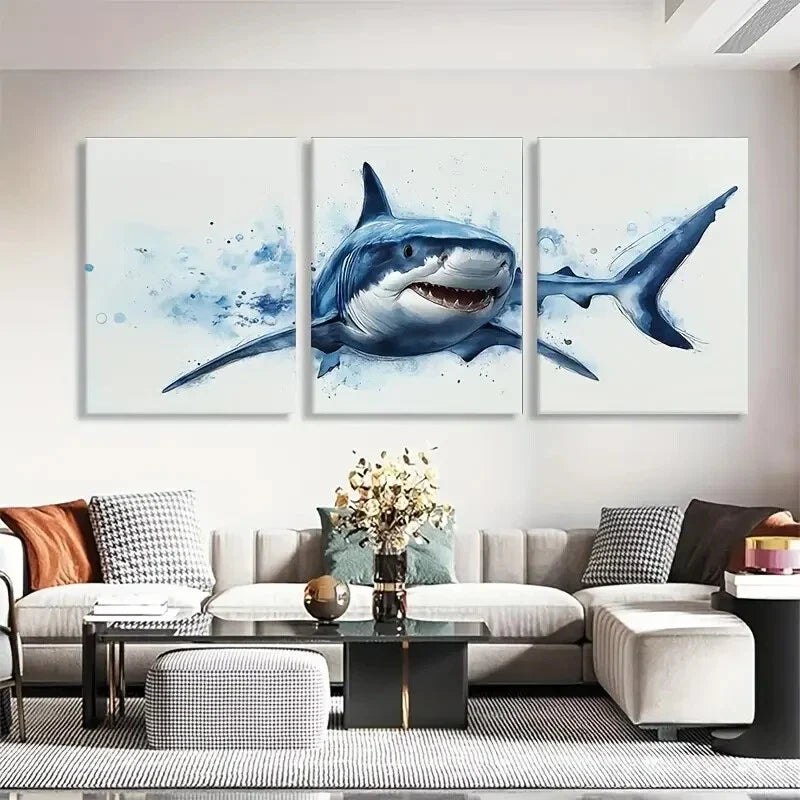 3pcs Shark Splashing Through Ocean Waves Perfect Wall Art Set Canvas Framed 40x60cm - High Quality Print 100% Australian Made Wall Canvas Ready to Hang