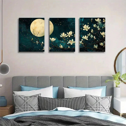 3pcs Golden Magnolia Moonlight Elegant Floral Metal Print Ready to Hang Art