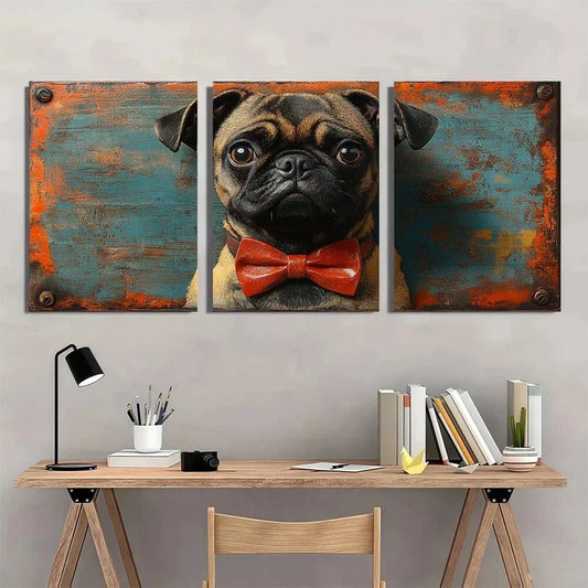 3pcs Vintage Pug with Bowtie Rustic Teal & Orange Metal Print Ready to Hang Art