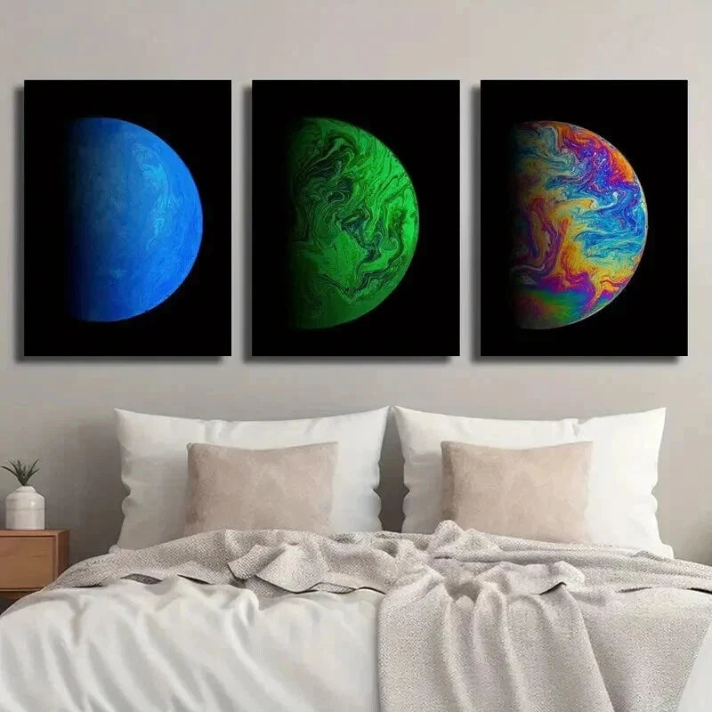 3pcs Colorful Planet on Black Background Wall Art Set Canvas Framed 40x60cm - High Quality Print 100% Australian Made Wall Canvas Ready to Hang