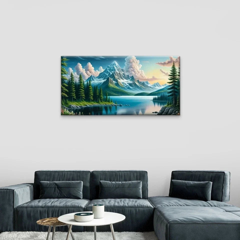 Mountain Lake Trees Clouds Wall Art Canvas Office Home Room Framed 120x60cm