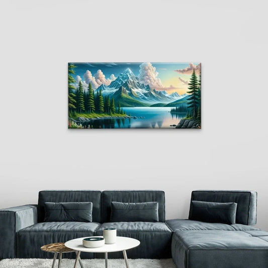 Mountain Lake Trees Clouds Wall Art Canvas Office Home Room Framed 120x60cm